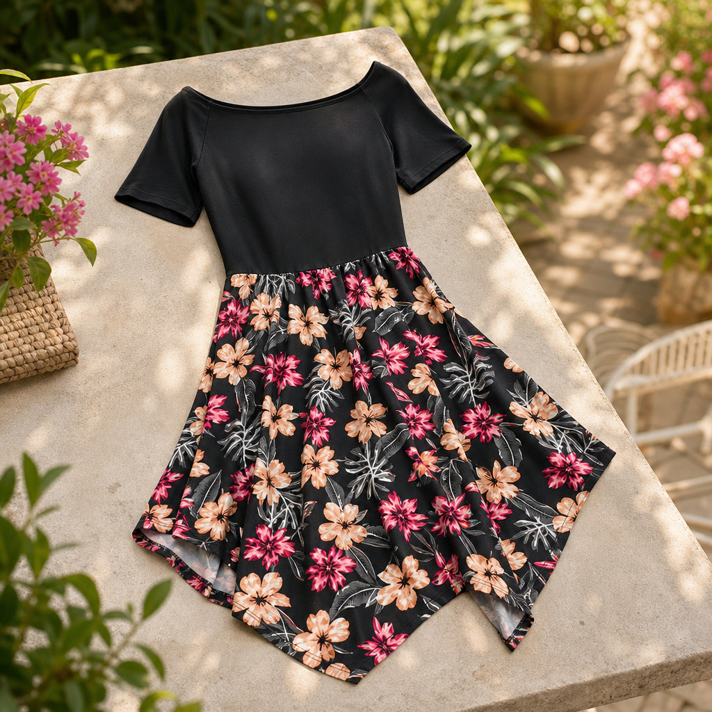Off Shoulder Floral Print Short Sleeve Dress — AI generated product image
