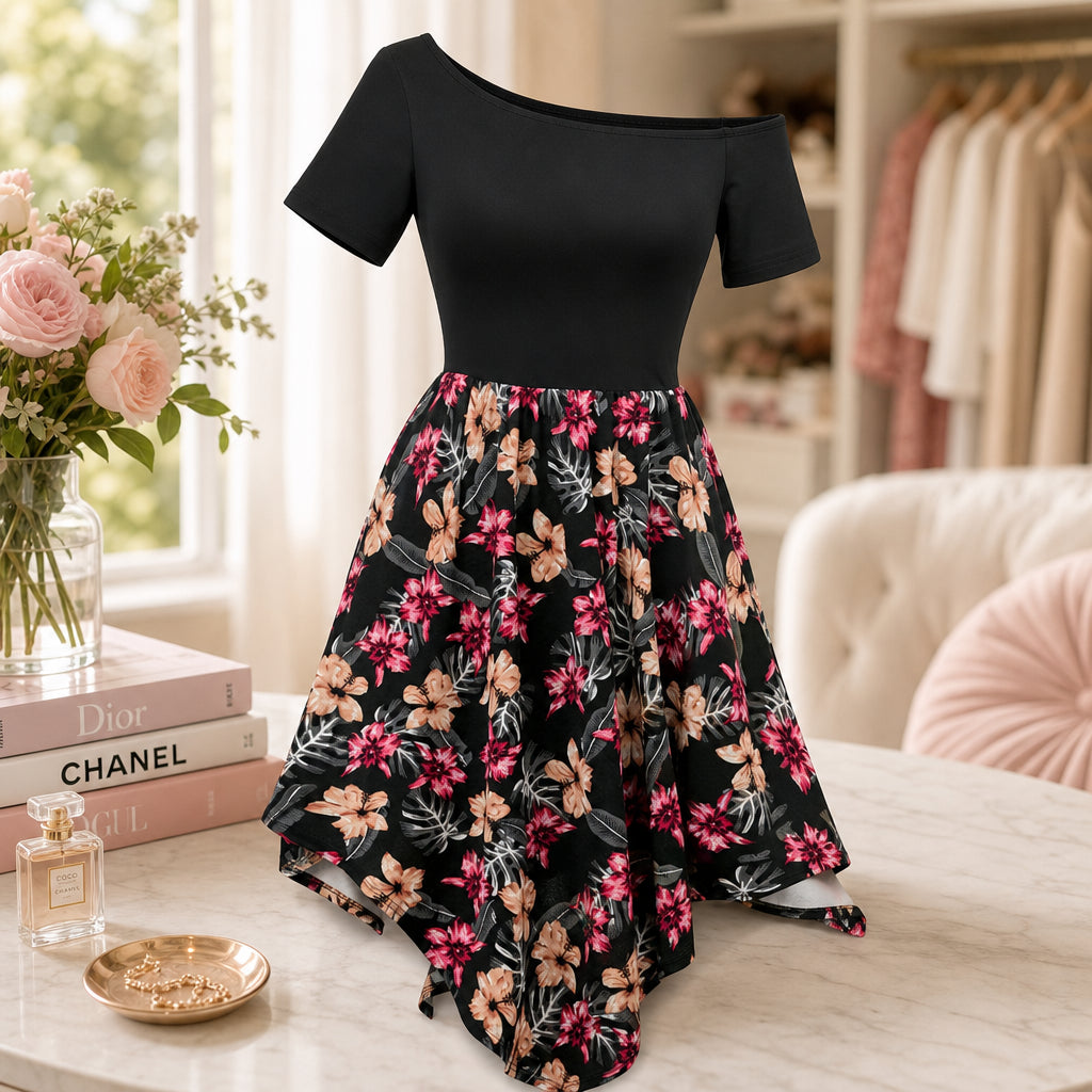 Off Shoulder Floral Print Short Sleeve Dress — AI generated product image